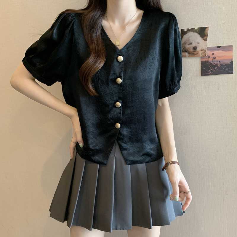 V-neck Solid Color Acetate Shirt With Short Sleeves