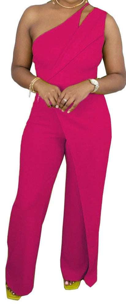 Fashion Casual One-shoulder Back Concealed Zipper Sleeveless Wide Leg Jumpsuit