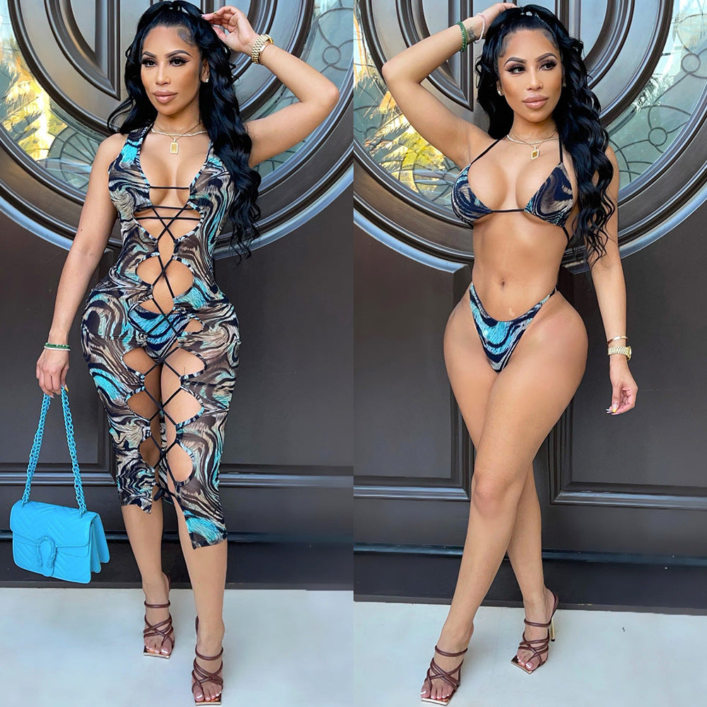 Sexy Mesh Floral Print Hollow Dress