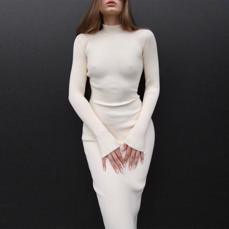 Long Pit-striped Knitted Skirt With High Collar