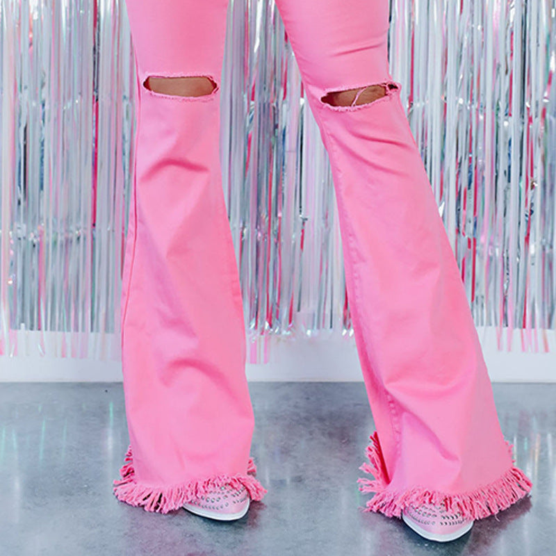 Ripped Bell-bottom Fashion Solid Color High Waist