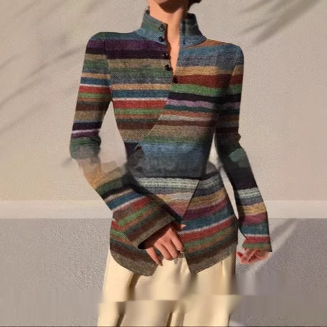 New Stand Collar Striped Cross Hem Top