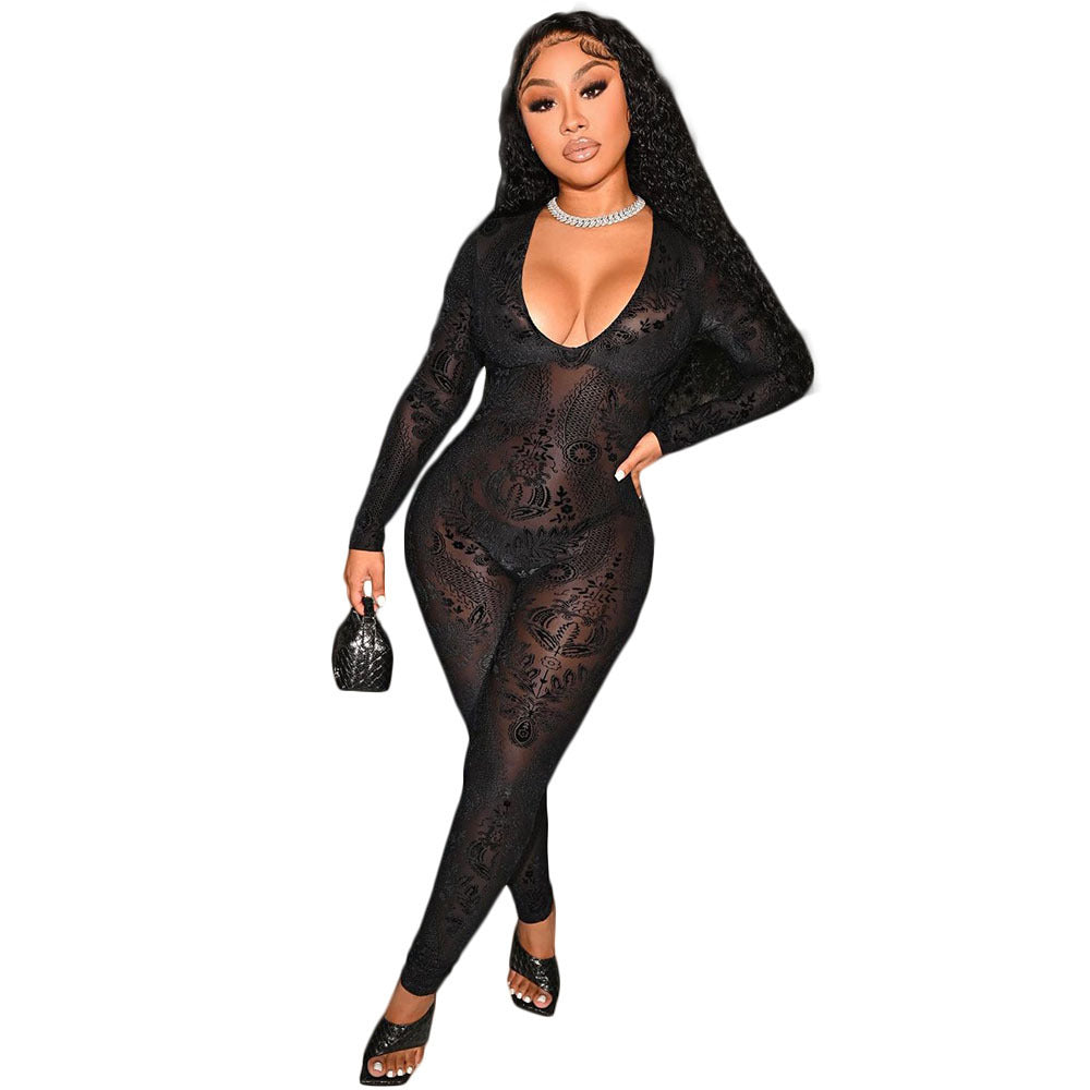 Women's Deep U See-through Mesh Print Slim Bodysuit