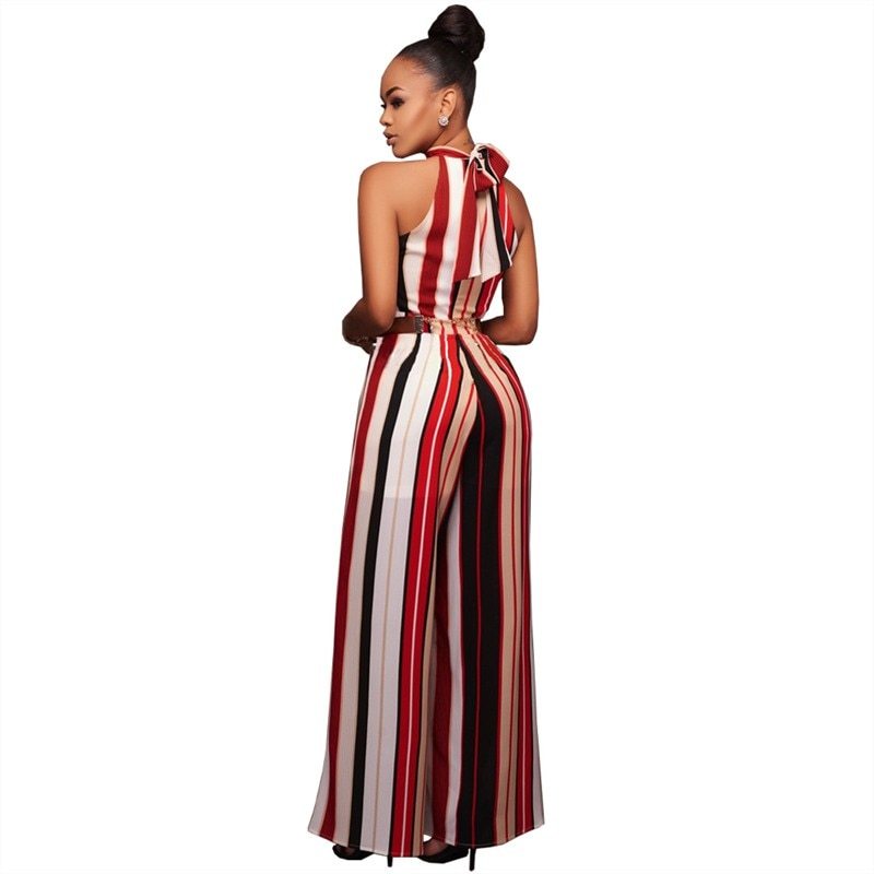 Summer Romper Women Jumpsuit Sexy Ladies Casual Elegant Loose Office Sleeveless Striped Halter Long