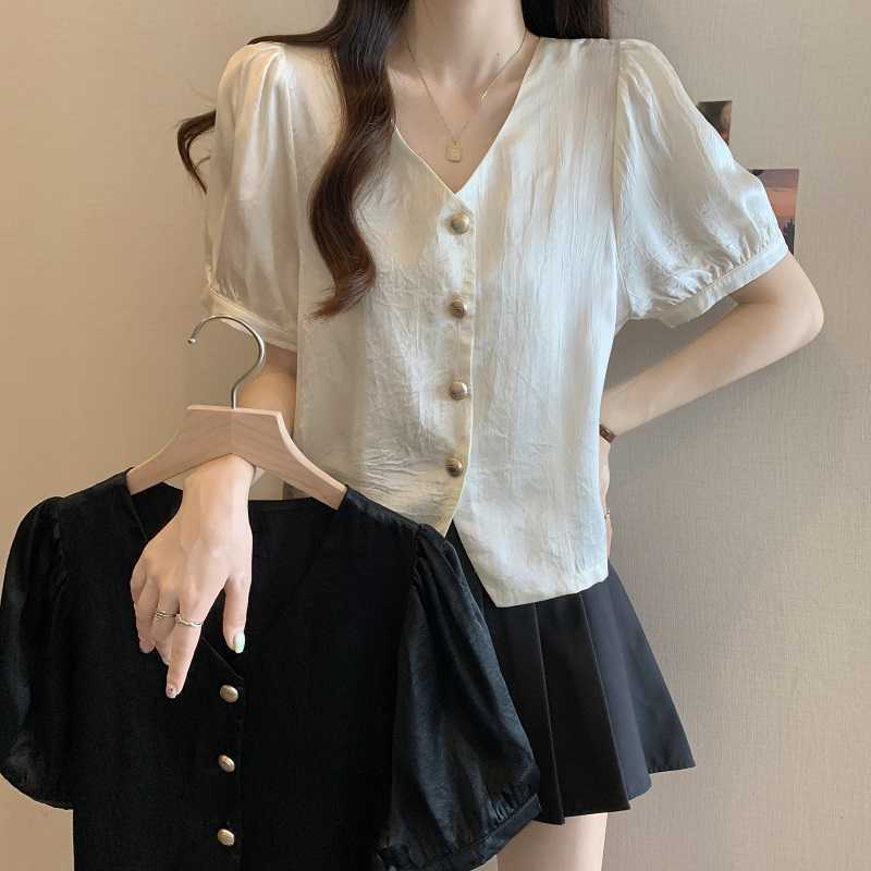 V-neck Solid Color Acetate Shirt With Short Sleeves