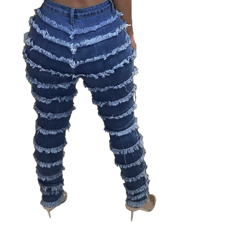 Women's Fashion Washed Fringe Skinny Stretch Jeans