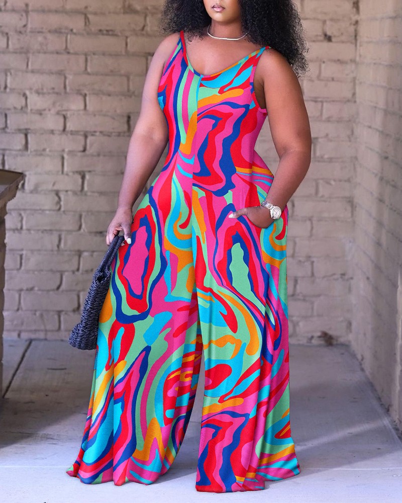 Women's Printed Loose Suspender Jumpsuit