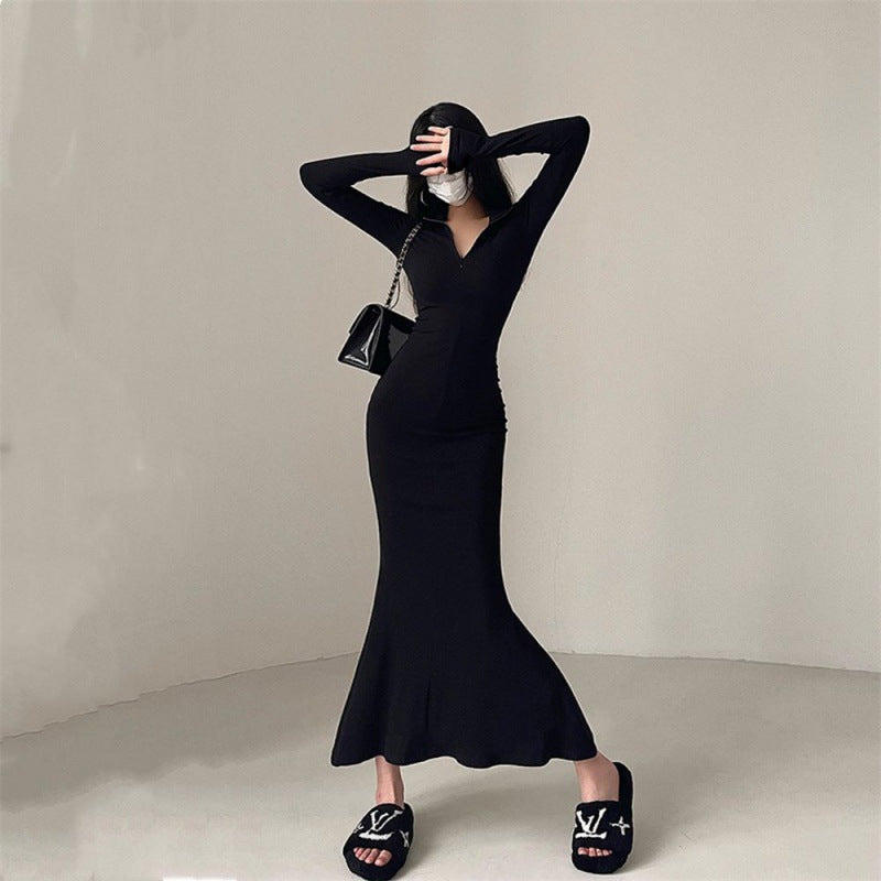 Tight Zipper And Lapel Long Sleeve Fishtail Dress