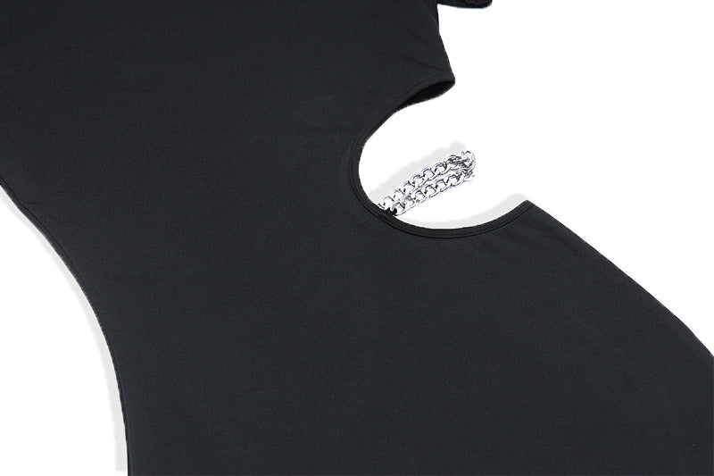 Metal Chain Panel Slim Long-sleeved Dress