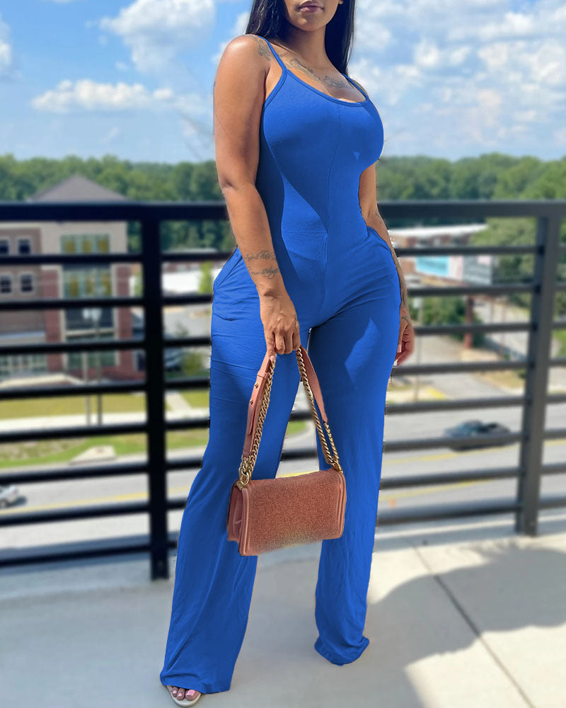Women's Fashion Casual U-neck Spaghetti Straps Sleeveless Pocket Jumpsuit
