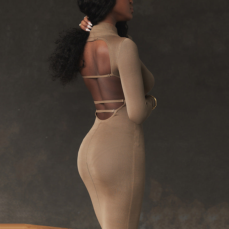 Women's Knitted Half-turtleneck Tight Backless Dress