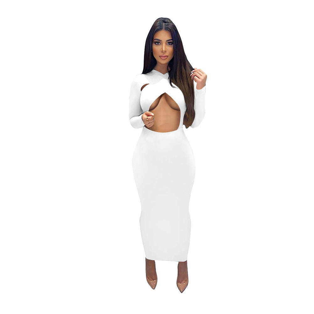 Pure Color Temperament Commuter Wrapped Chest Long Sleeve Midi Dress