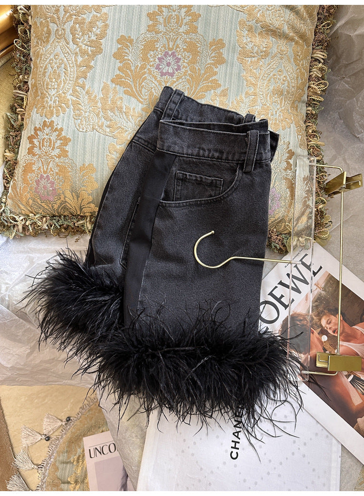 Ostrich Hair Black Denim Patchwork Skirt