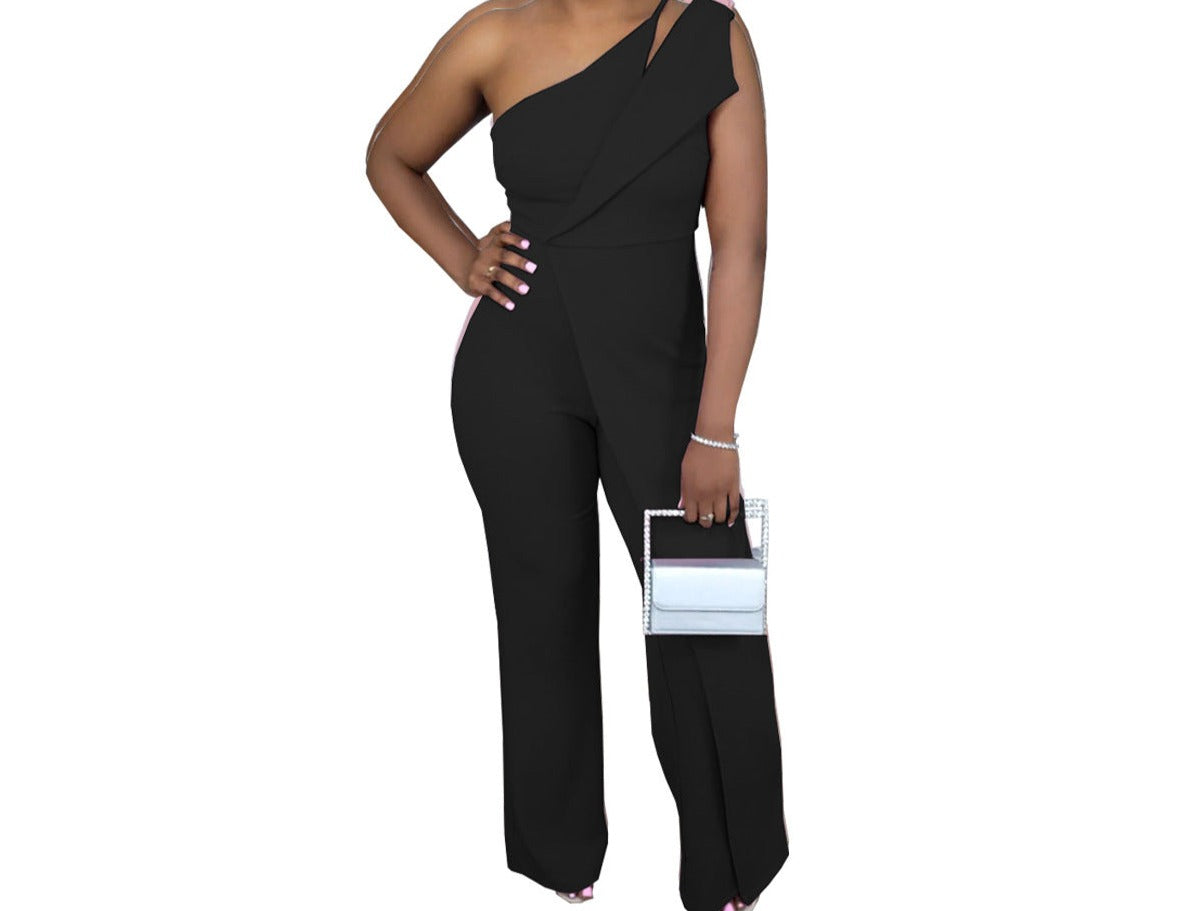 Fashion Casual One-shoulder Back Concealed Zipper Sleeveless Wide Leg Jumpsuit
