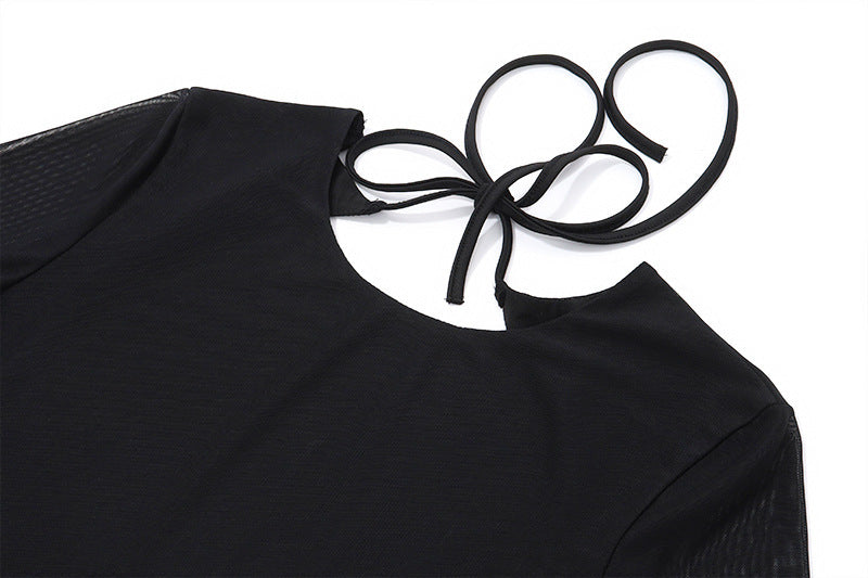 Temperament Crew Neck Horn Long Sleeve Mesh Dress Sexy Backless Skinny Skirt