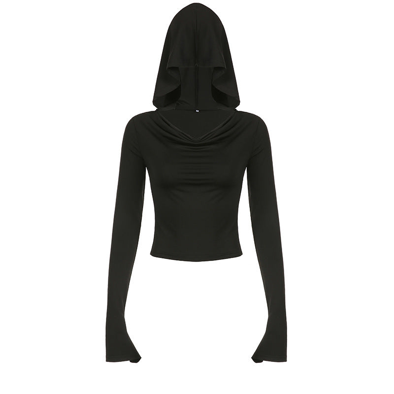 Solid Color Swing Collar Off-shoulder Hooded Top