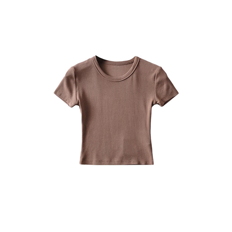 Basic Style Round Neck Tight Stretch Solid Color Short Sleeve T-shirt Top