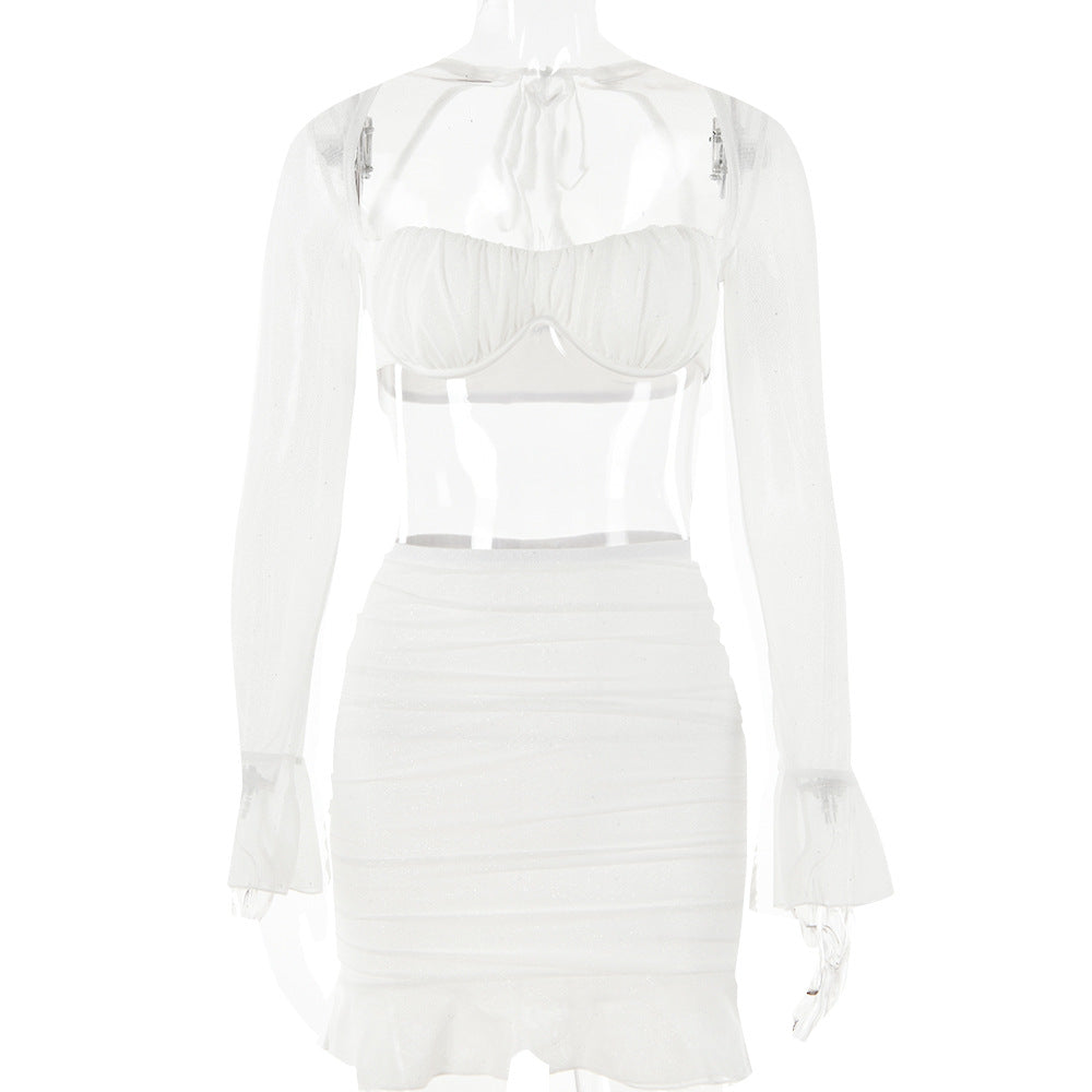 Square Collar Bell Sleeve Backless Stitching Sheath Skirt Outfit