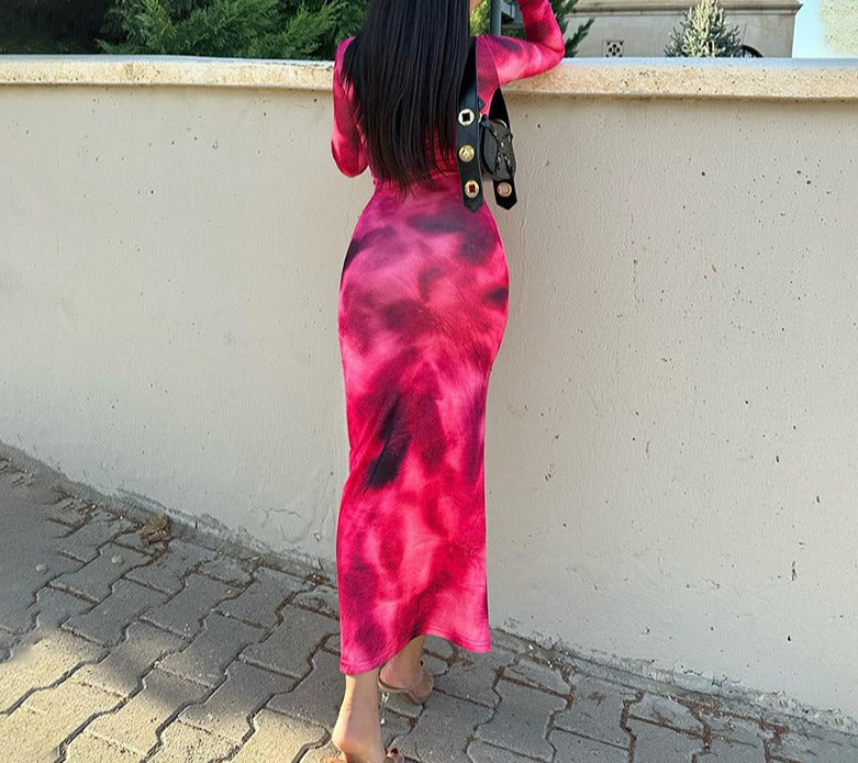 Fashion Tie-dye Long-sleeved Dress Slim Fit Hip-hugging Long Dress Womens Clothing