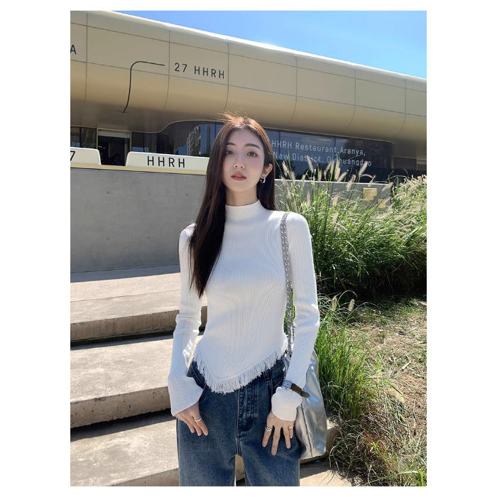 Women's Solid Color Semi High Neck Tassel Knit Base Sweater