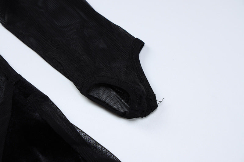 Women's Fashion Mesh See-through Stitching Tight Jumpsuit