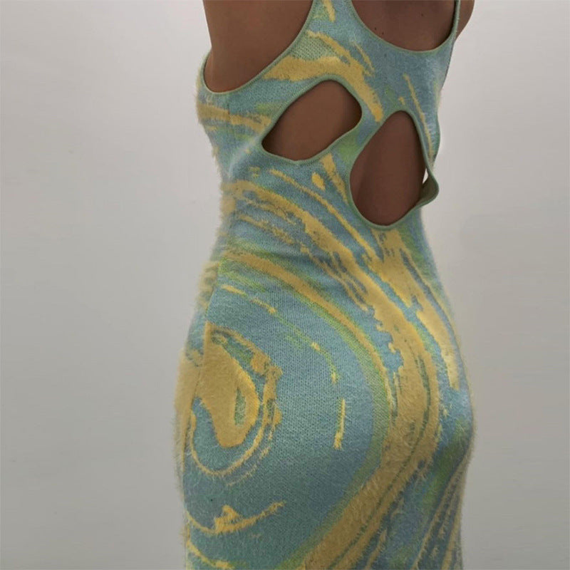 Knitted Hollow Back Sling Bag Hip Dress