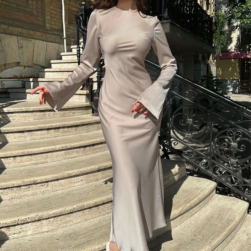 Women's Clothing Temperament Pure Color Long Sleeve Round Neck Waist Trimming Sheath French Dress
