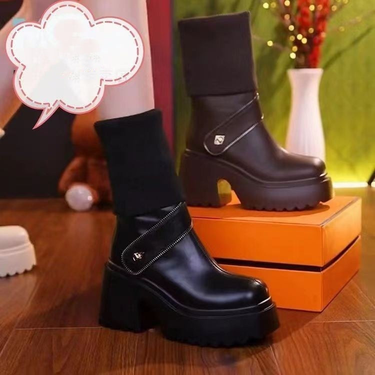 Knitted High-top Round Head Chunky Heel Boots