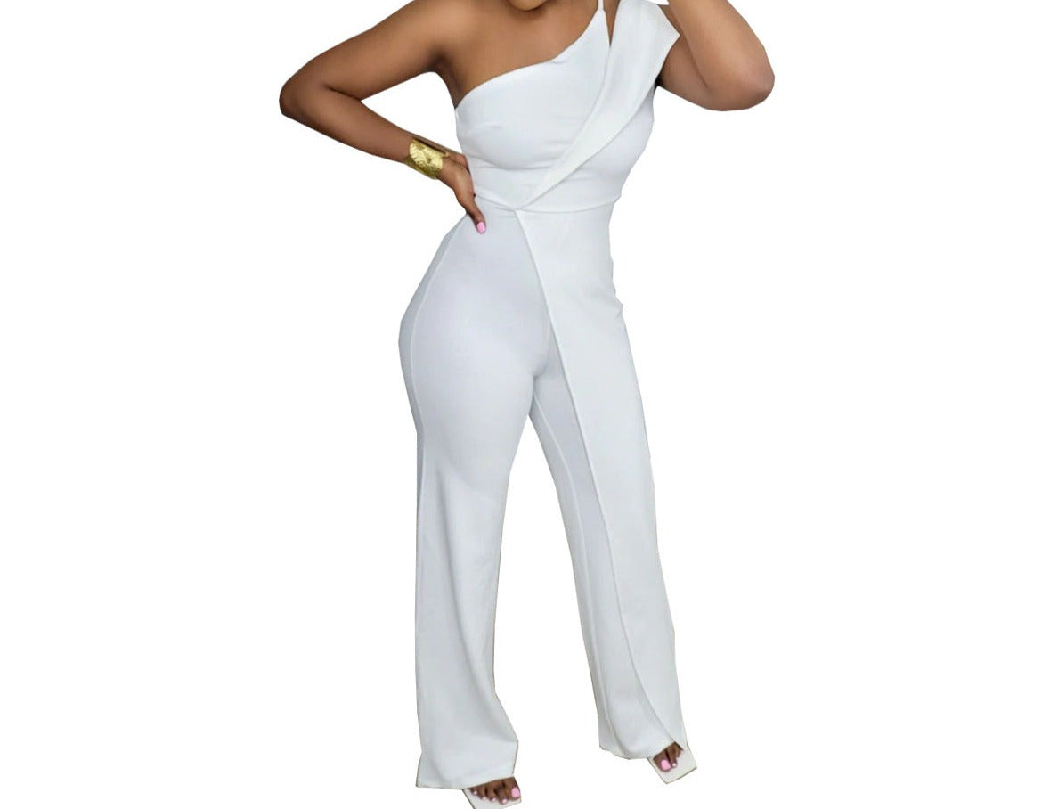 Fashion Casual One-shoulder Back Concealed Zipper Sleeveless Wide Leg Jumpsuit