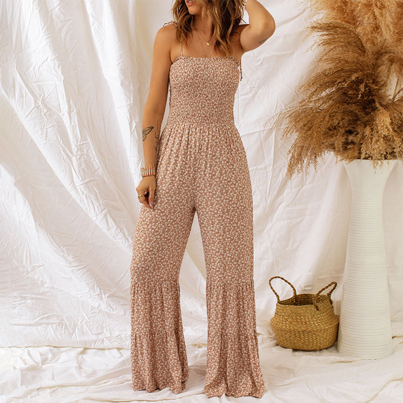 Sleeveless Long Waist Wrapped Chest Floral Horn Jumpsuit