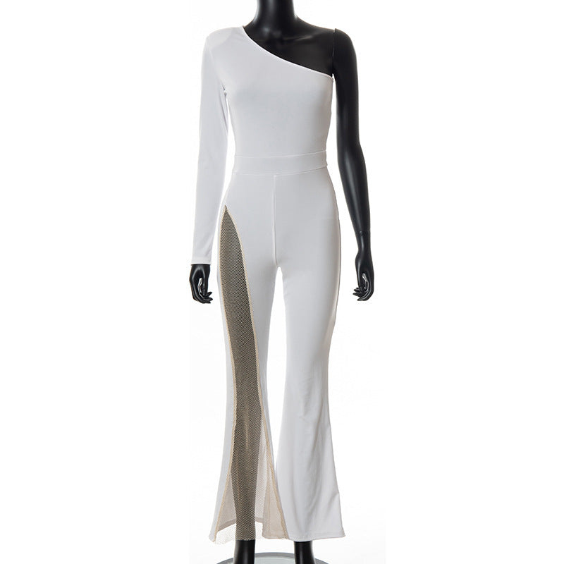 Fashion Solid Color One-shoulder Mesh Stitching Jumpsuit