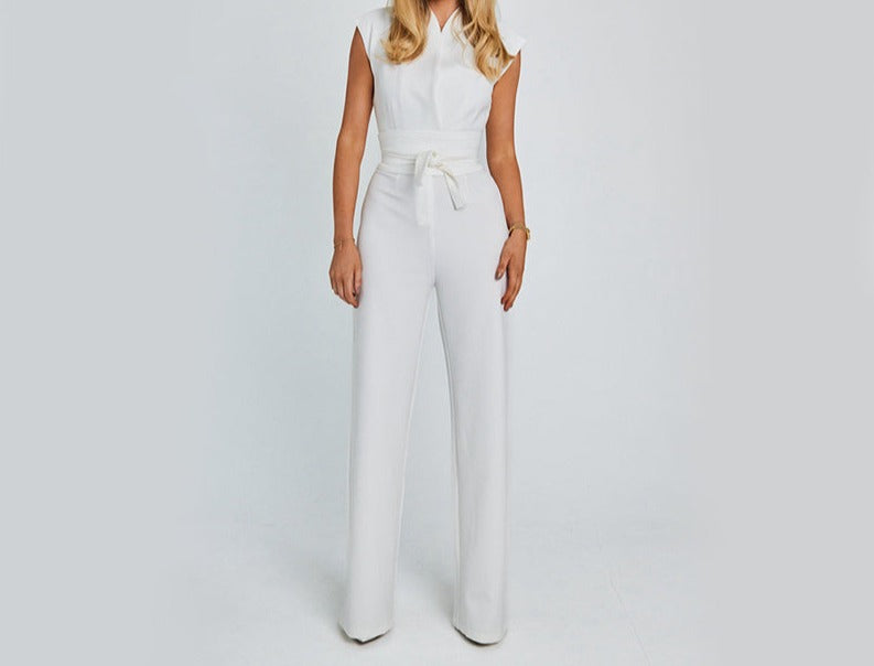 Fashion Elegant Long Sleeveless Jumpsuit Summer V-neck Casual Wide Leg Long Overalls Clothing For Women