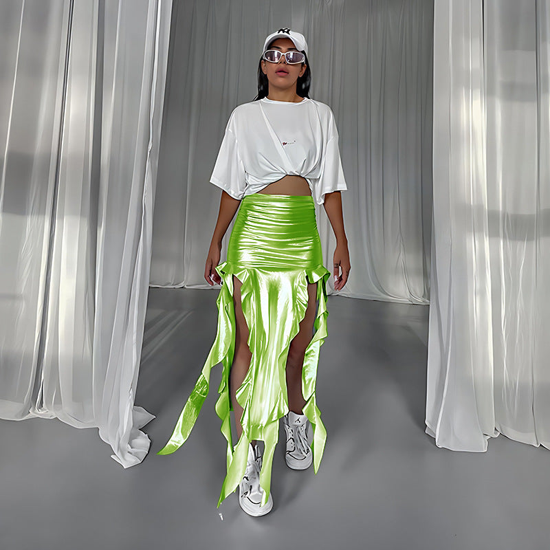 Ribbon Tassel Reflective PU Fishtail Skirt Micro Elastic Irregular