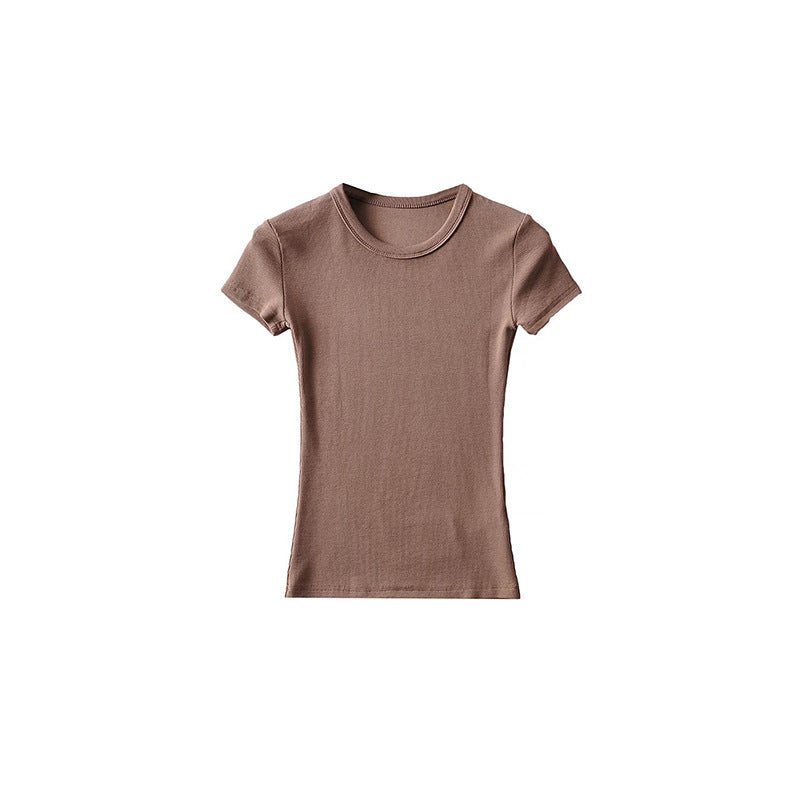 Basic Style Round Neck Tight Stretch Solid Color Short Sleeve T-shirt Top