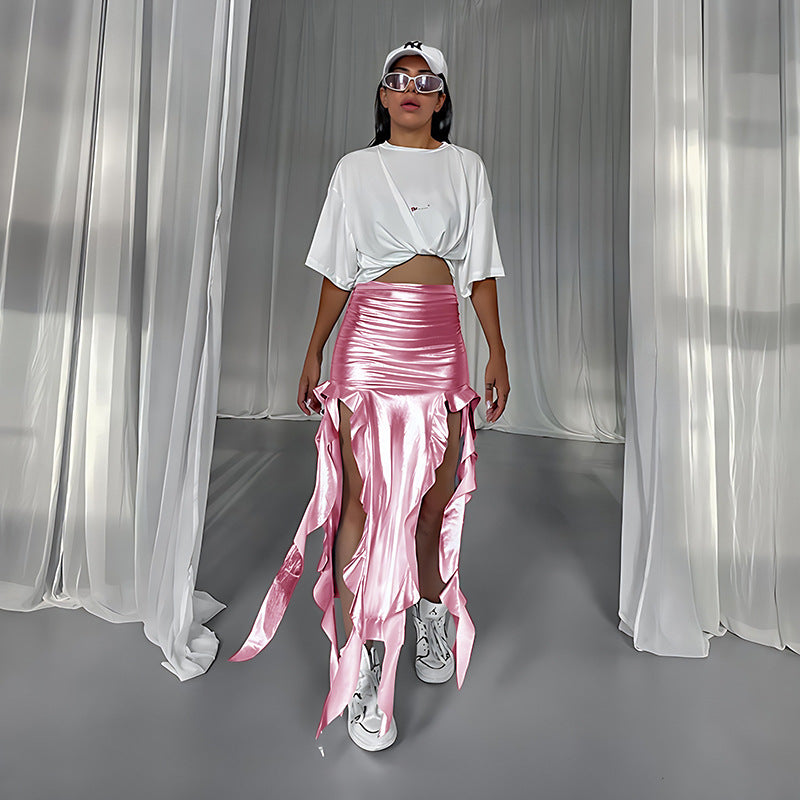 Ribbon Tassel Reflective PU Fishtail Skirt Micro Elastic Irregular