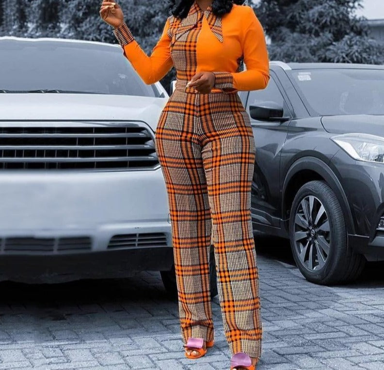 Casual fashion Plaid Lapel panel Jumpsuit