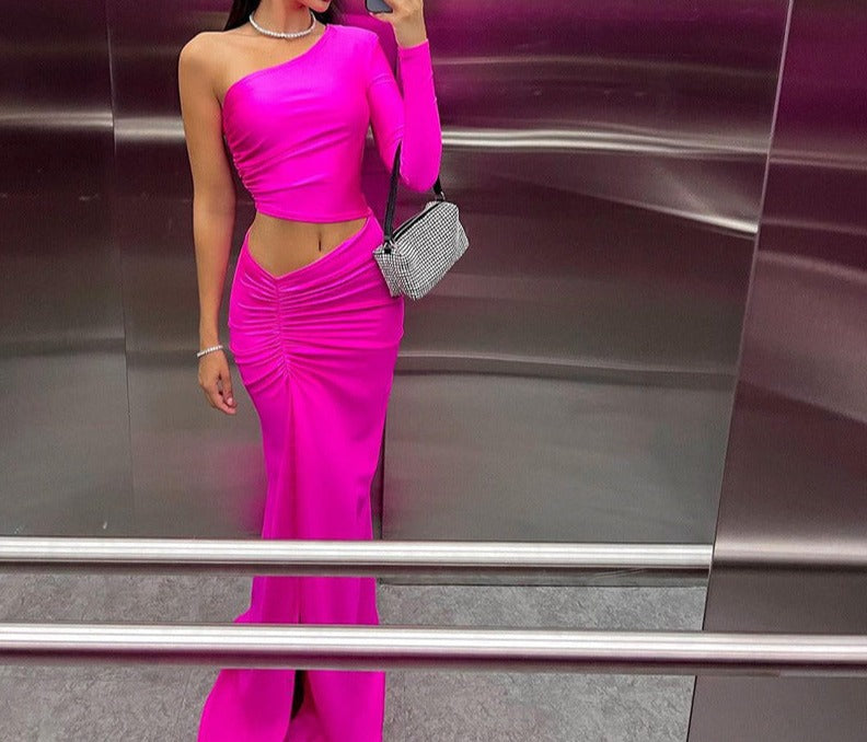 Fashion Sexy Oblique Shoulder Pleated Midriff Outfit Split Dress