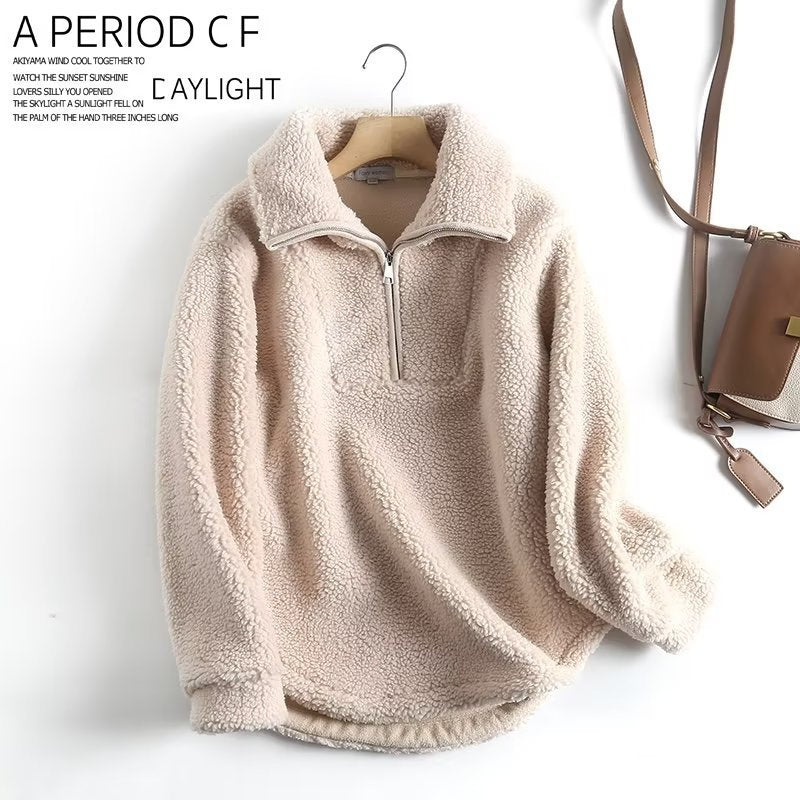 Simple Casual Sweatshirt Zipper Collar Lamb Wool Loose Pullover Coat