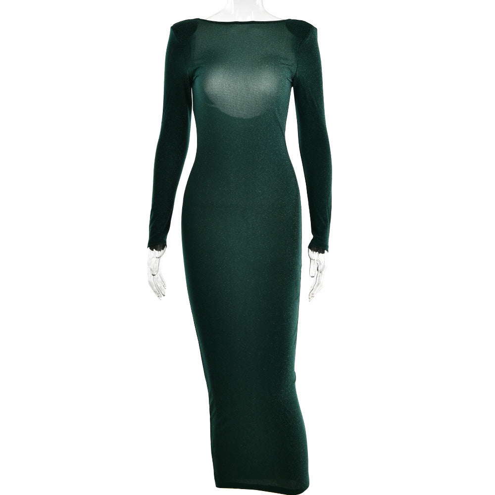 A Line Neck Bright Silk Dress Party Style Sexy Spice Girls Show Back Slim-fit One-step Dress
