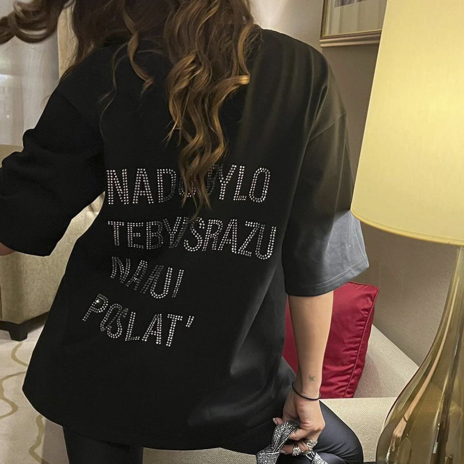 Rhinestone Letters White Short-sleeve Top Loose Ins Design Sense Niche T-shirt