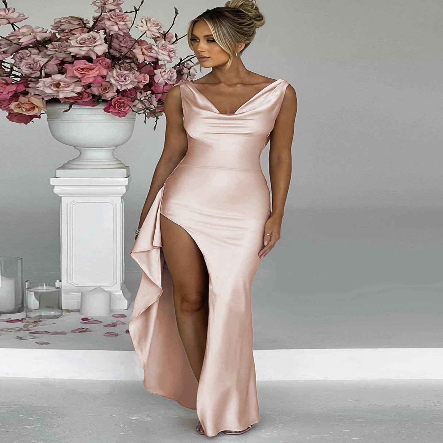 V-neck Brace Sheath Backless Irregular Slit Long Dress