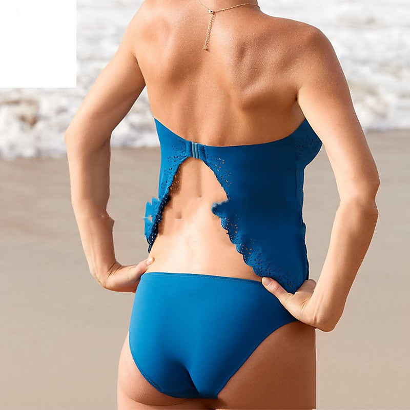 Openwork plain split bikini swimsuit