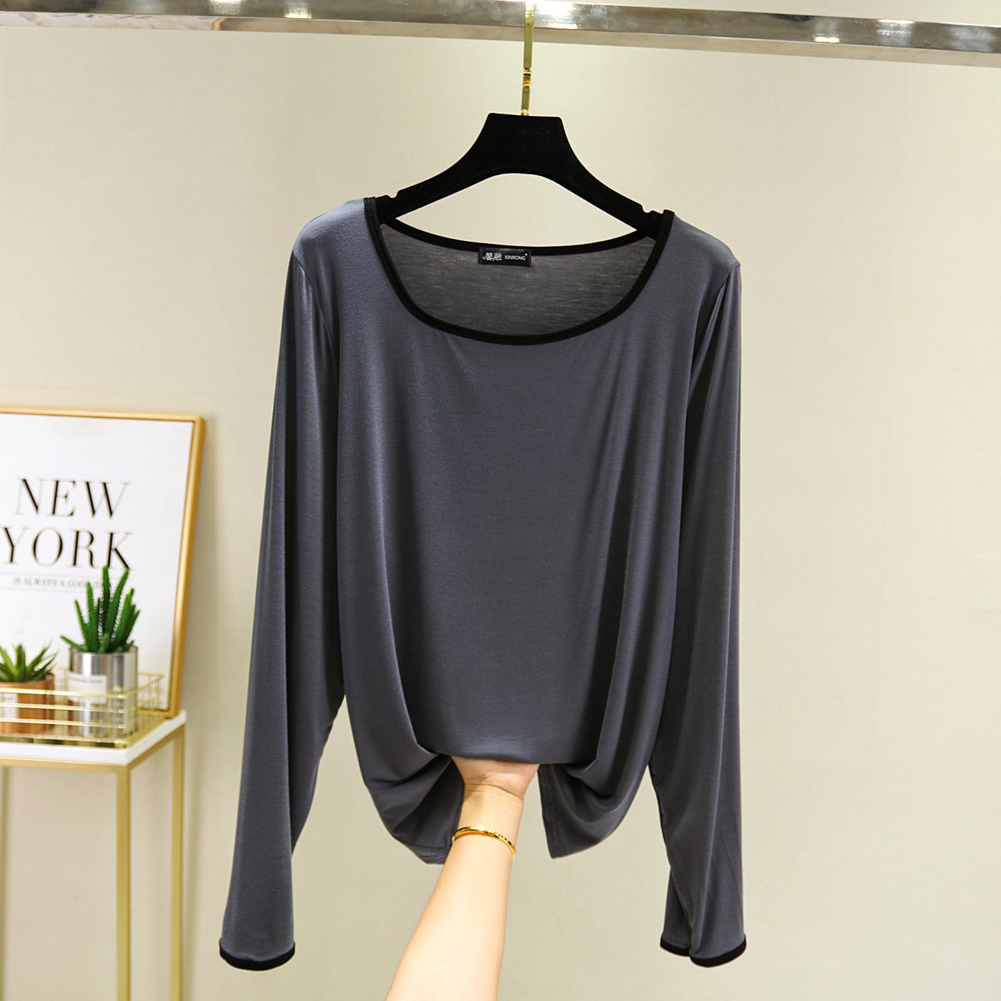 Modal Square Collar Long Sleeve Thin Shirt