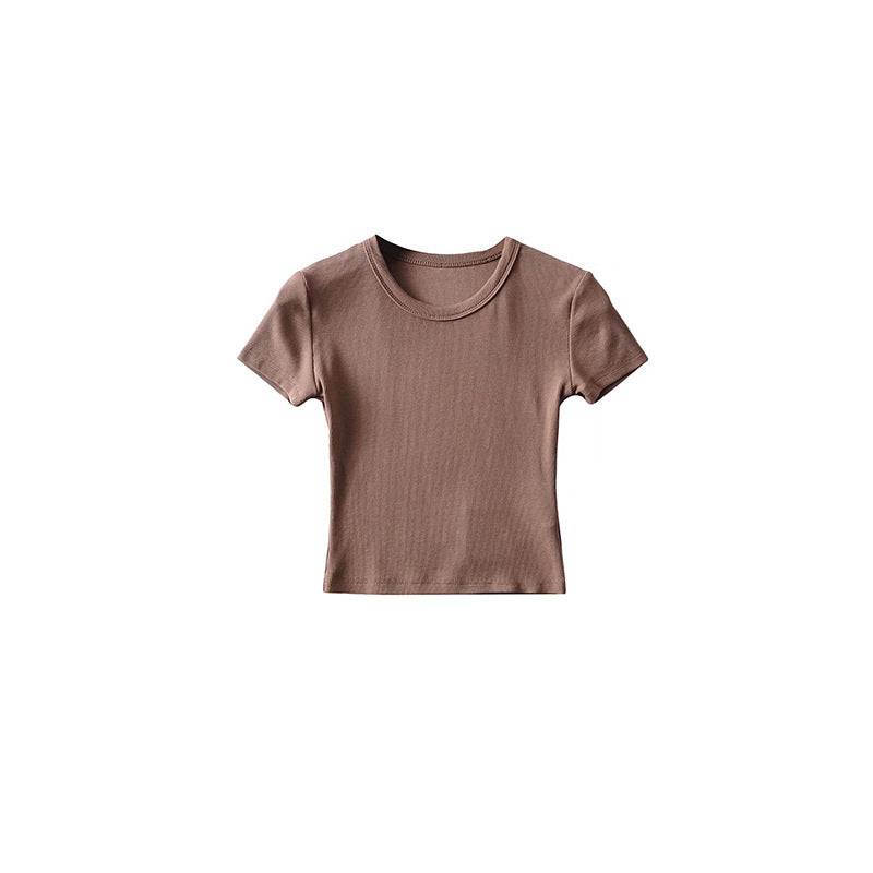 Basic Style Round Neck Tight Stretch Solid Color Short Sleeve T-shirt Top