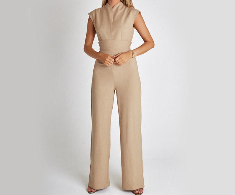 Fashion Elegant Long Sleeveless Jumpsuit Summer V-neck Casual Wide Leg Long Overalls Clothing For Women