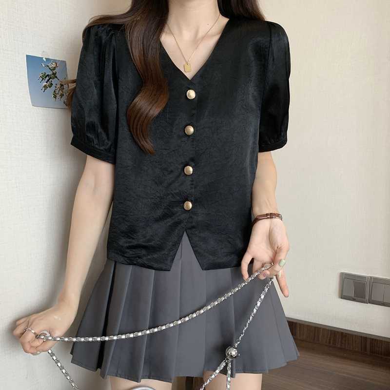 V-neck Solid Color Acetate Shirt With Short Sleeves