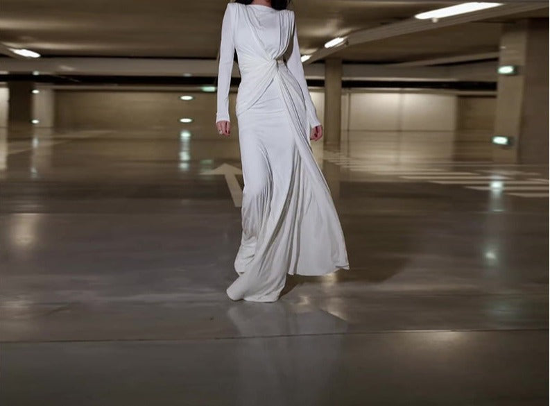Fashion Round Neck Pleated Waist Slim Solid Color Temperament Dress