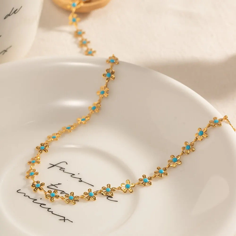 Gold Blue With Flowers Drop Oil Necklace Titanium Steel
