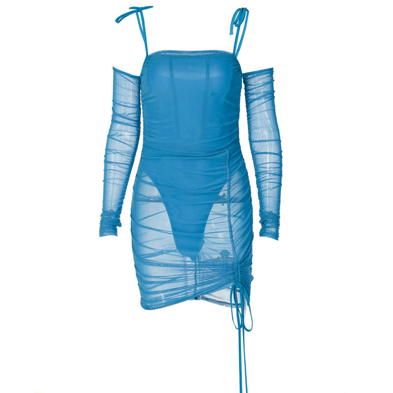 One-way Neck Mesh See-through Stitching Suspender Dress