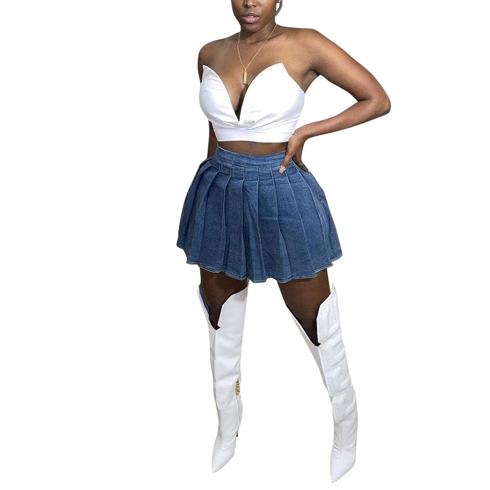 Women's Casual Denim Solid Color Pleated Skirt